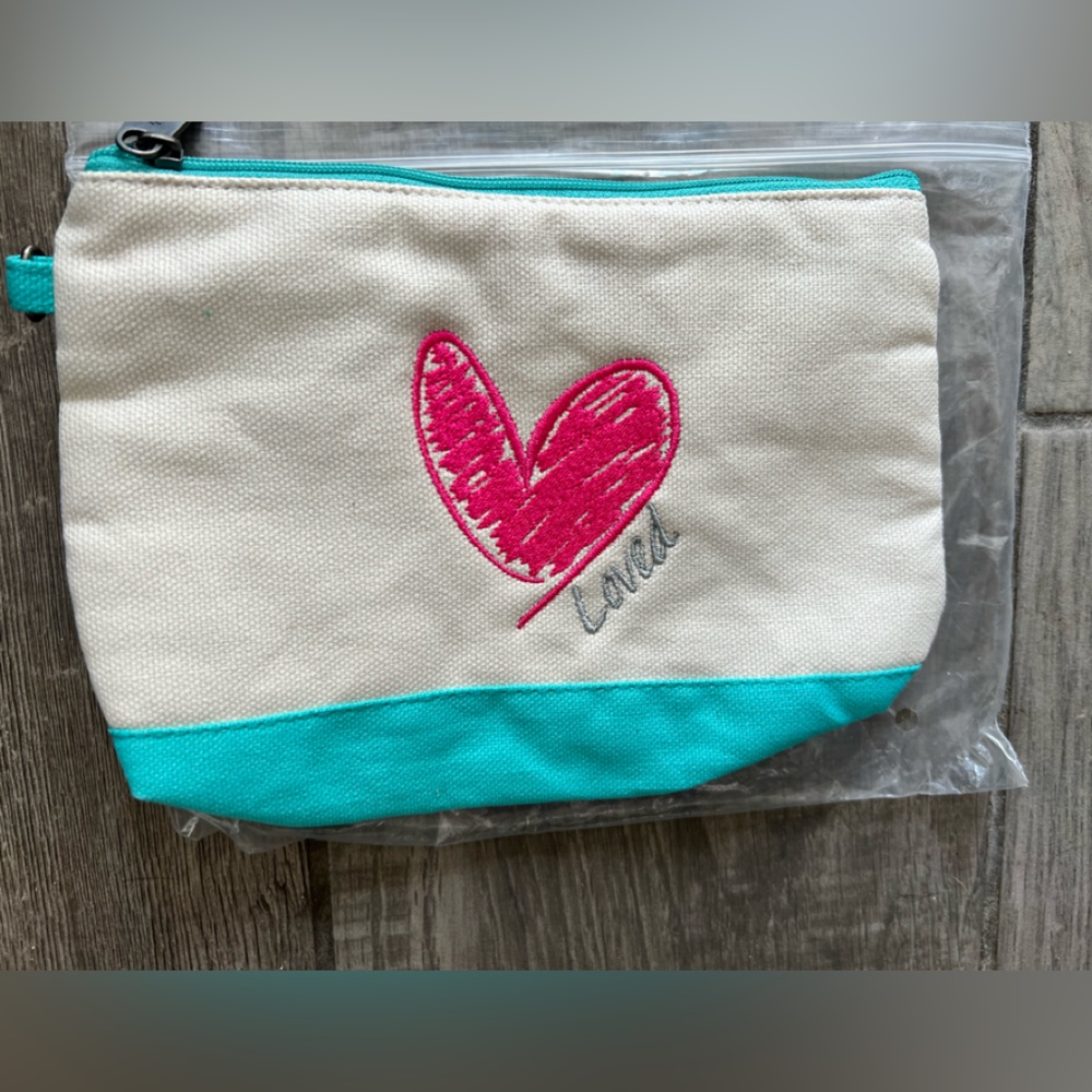 Turquoise canvas embroidered mini zipper pouch